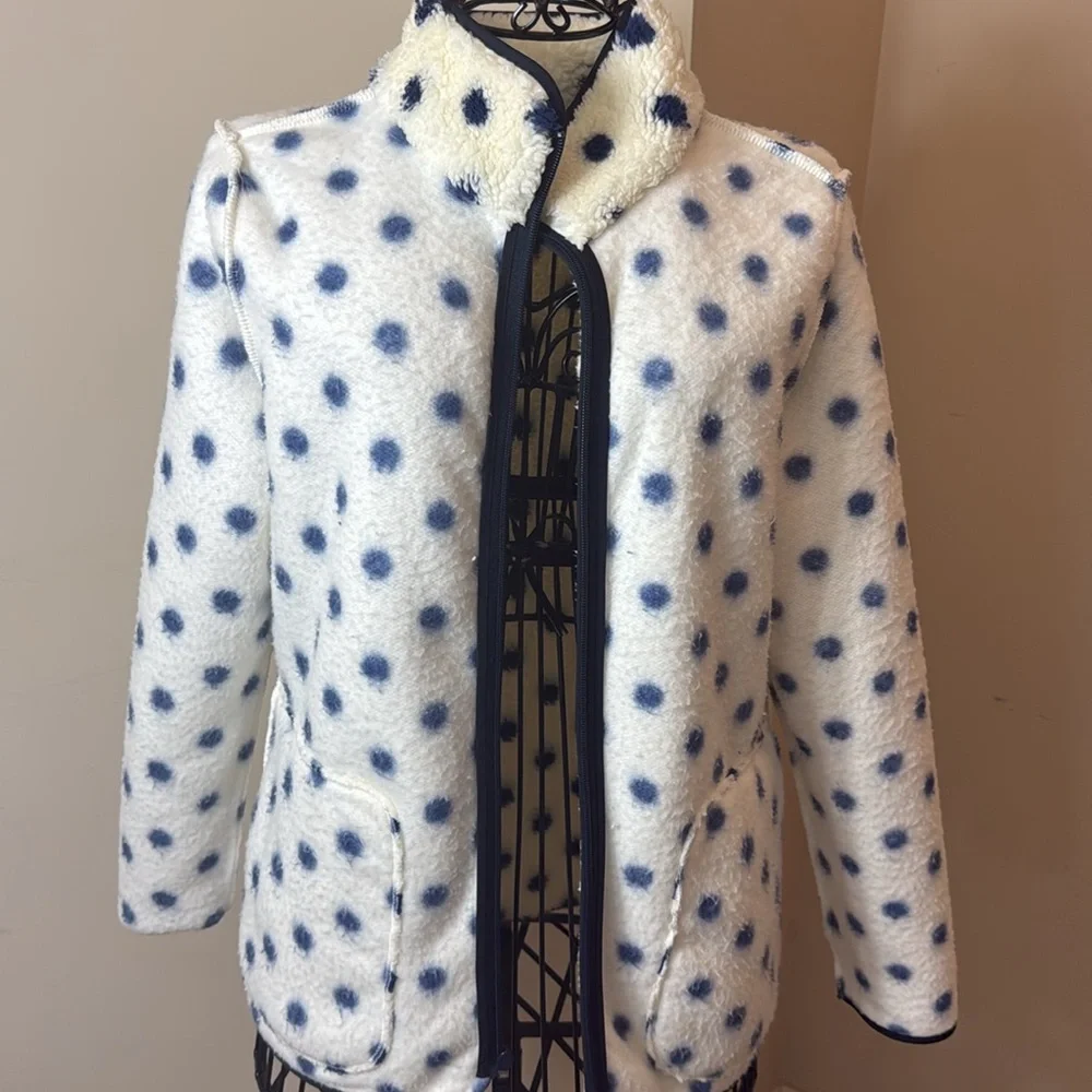 T by Talbots White with Blue Polka Dots Cozy Zippered Jacket - Picture 7 of 10
